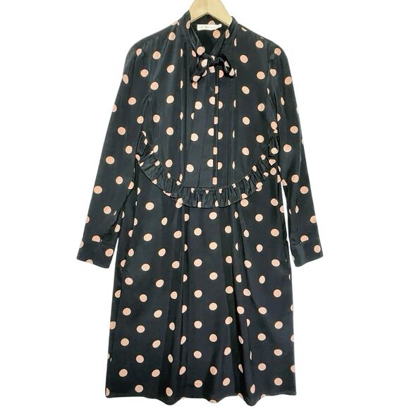 TORY BURCH Women’s 100% Silk Black Polka Dot Belted Ruffle Front Dress - Picture 4 of 8